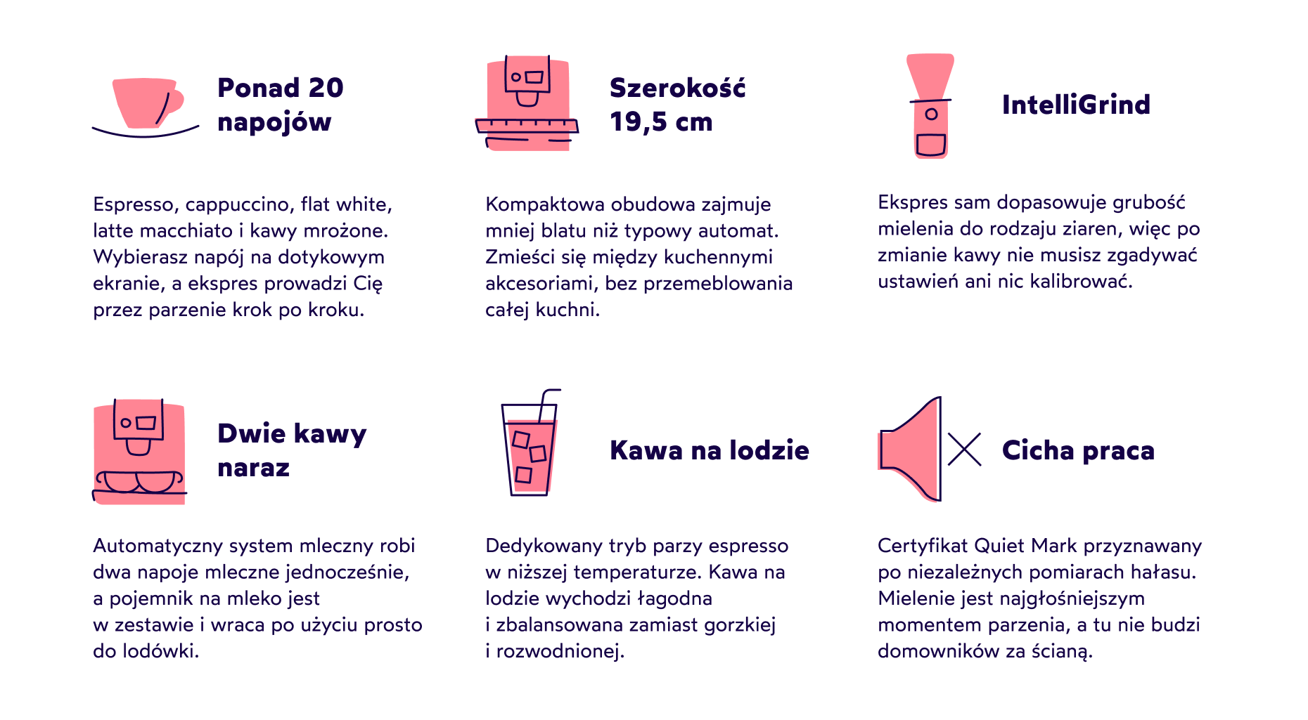 KitchenAid KF4: ponad 20 napojów z kawami mrożonymi i cztery profile użytkownika; kompaktowa obudowa o szerokości 19,5 cm; młynek IntelliGrind dopasowujący grubość mielenia do ziaren; dwa napoje mleczne naraz z pojemnikiem na mleko w zestawie; tryb kaw mrożonych parzący w niższej temperaturze; cicha praca z certyfikatem Quiet Mark